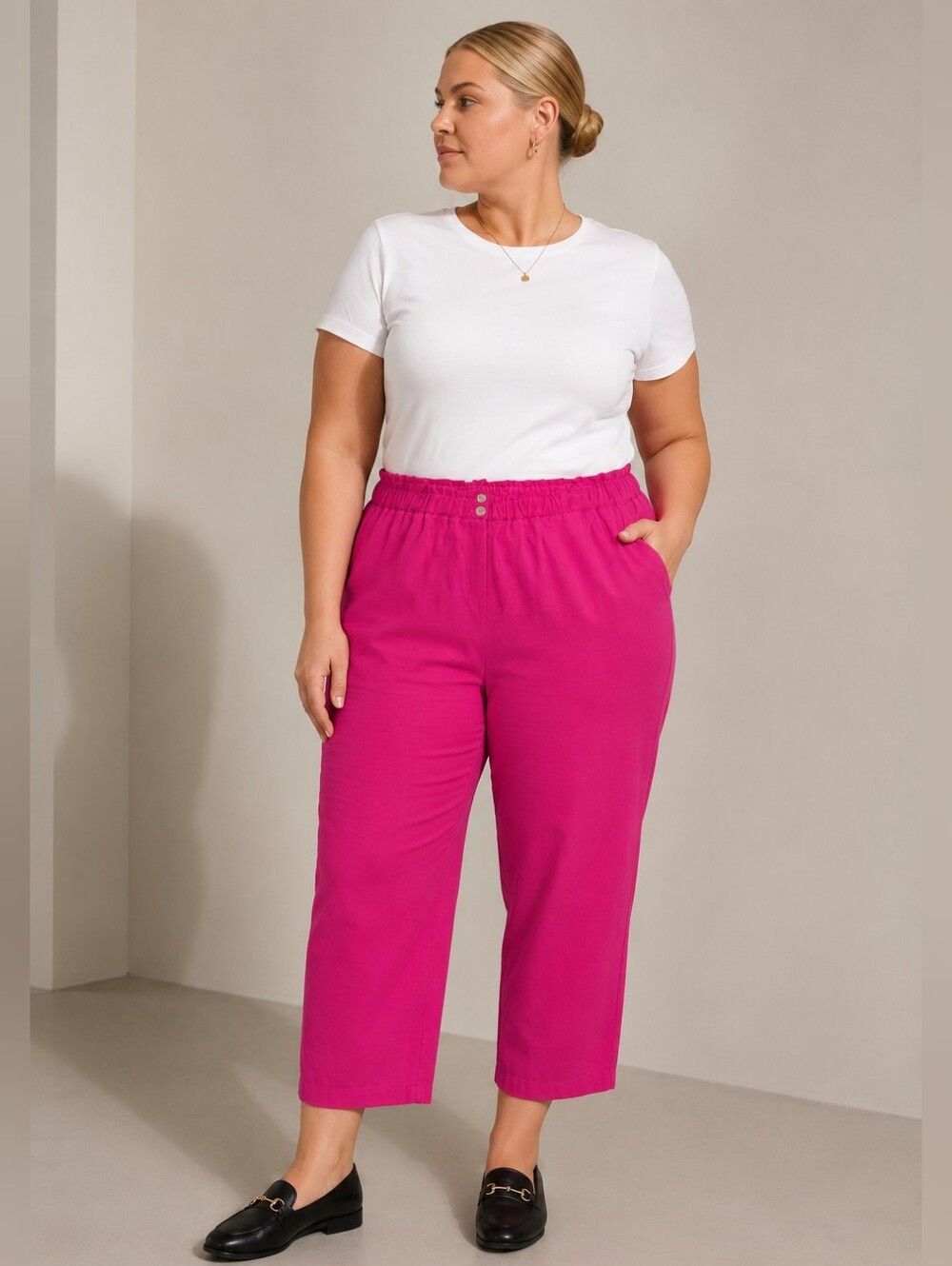 AdditionElle NEW Plus-Size 24: Bright Pink Elastic-Waist Button Fly Cropped Pant